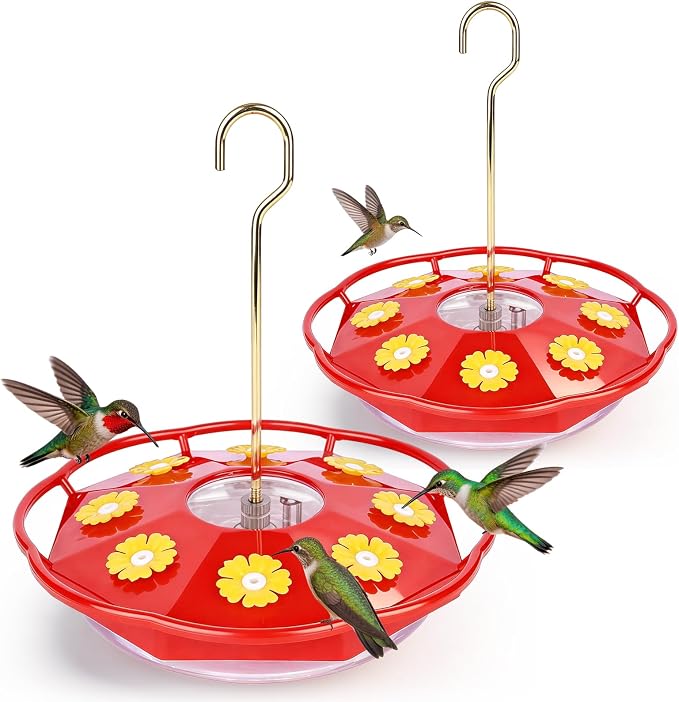 BOLITE Hummingbird Feeders for Outdoors Hanging, 2 Pack 11 OZ 8 Bee Proof Feeding Ports Flat Bird Feeder, Easy to Clean & Fill, Built-in Ant Moat, Leak Proof with Clean Brush, Red, Gift for Mom Dad