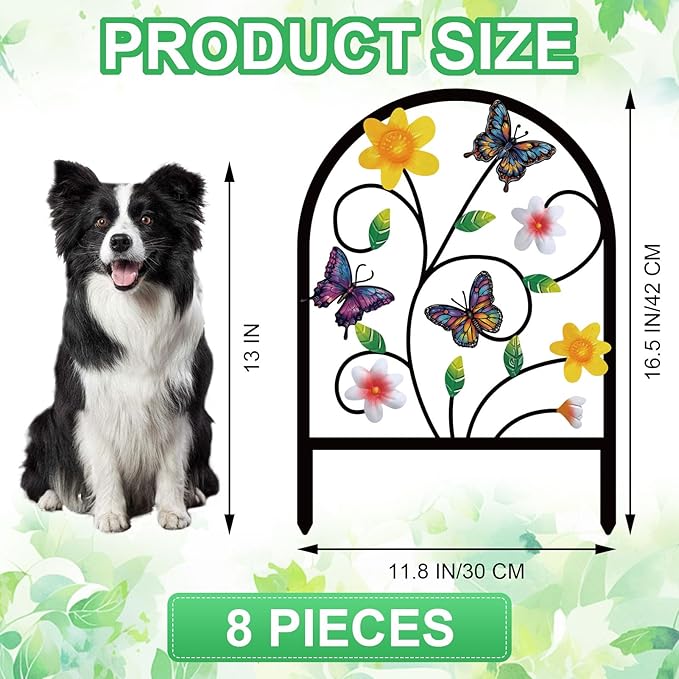 8 Pack Butterfly Decorative Garden Fence Metal Butterfly Flower Design Metal Arch Garden Fence Border for Yard Patio Flower Bed Lawn Outdoor Landscape Decoration Animal Barrier Fence for Garden