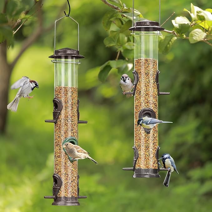 ERYTLLY Metal Bird Feeders - Tube Feeder for Wild Birds, 1.4mm Thick Transparent Tube, Squirrel Proof Hanger