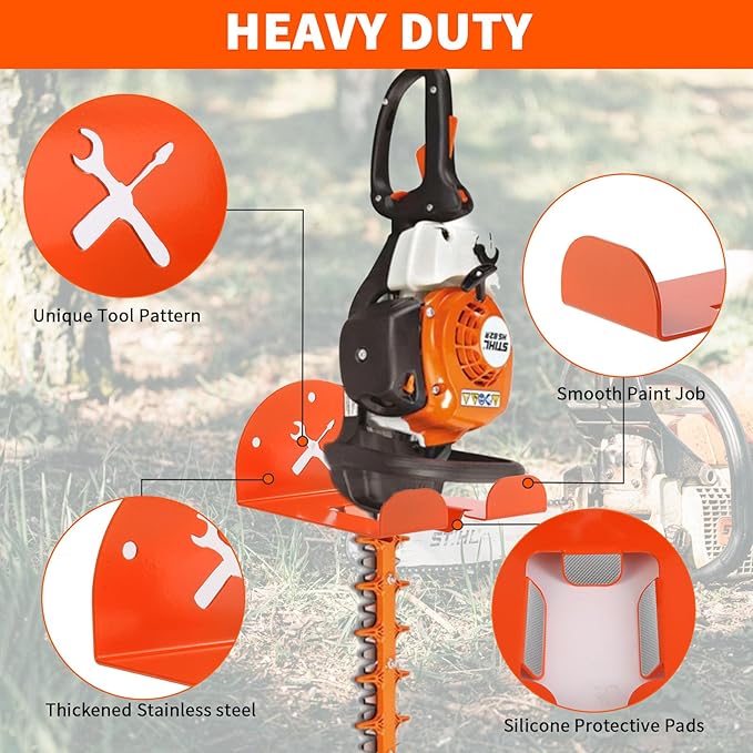 Upgraded Trimmer Rack Wall Mount - 8" Heavy Duty Weed Eater Hanger for Garage Wall, Garden Power Tool Holder Organizer Hooks for Grass Trimmer, Hedge Trimmer, Leaf Blower and Chainsaw, Orange, 4 Pack
