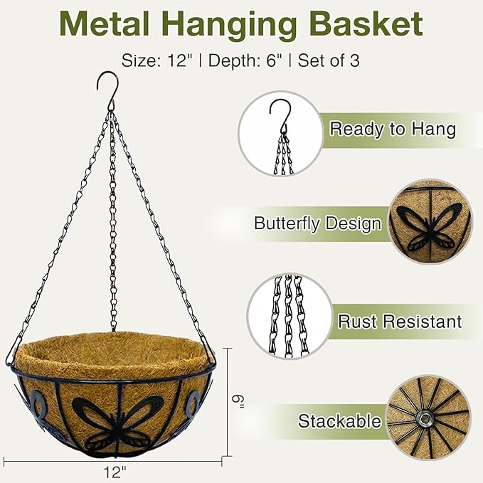 12 Inch Hanging Baskets for Plants Outdoor, 3 Pack Metal Wire Hanging Planters with Coco Coir Liners, Rust-Resistant Flower Basket with Chains & Hooks for Garden Patio Porch Deck Balcony