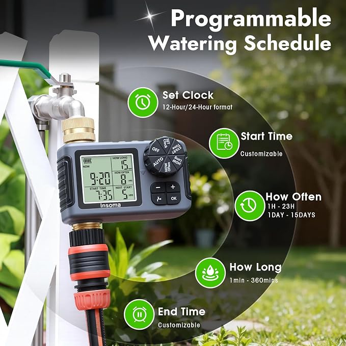 Water Timer for Garden Hose with 100% Brass Pipe, Programmable Sprinkler Controller for Garden Faucet with Auto/Manual/Rain Delay Mode, Irrigation Timers for Lawn, Yard, Outdoor Plants