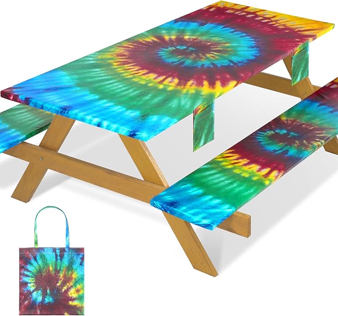 Fitted Waterproof Picnic Table Cover with Bench Covers Elastic 72×30In 3 Piece Camping Table Cloth for 6Ft Rectangle Tables Outdoor Camper Gifts Supplies Patio Rv Traveling Hiking Must Haves