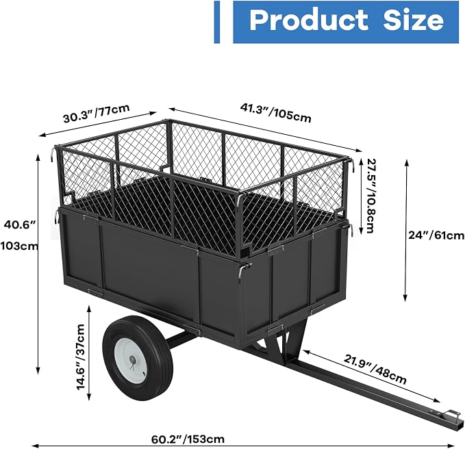 Heavy Duty Steel Utility Dump Trailer – 17 Cu.Ft Garden Cart with Removable Mesh Sides & Pneumatic Tires, 750 Lbs Tow Behind Trailer for ATV, UTV, Lawn Tractor Hauling in Yard & Farm, Black