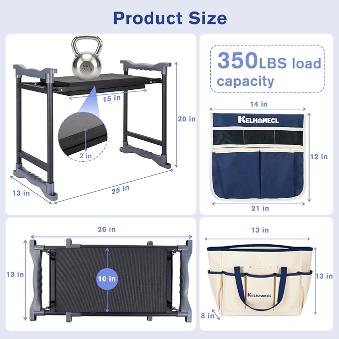 Garden Kneeler and Seat, Extra Wide Thick EVA Pad, Heavy Duty Foldable Garden Bench Holds 350lbs, Ergonomic Kneeling Stool with Garden Tool Pouches, Gardening Gifts for Women, Men & Seniors