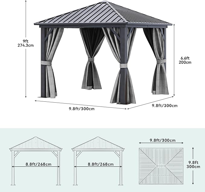 YITAHOME 10x10ft Hardtop Gazebo with Nettings and Curtains, Heavy Duty Galvanized Steel Outdoor Vertical Stripes Roof for Patio, Backyard, Deck, Lawns, Grey