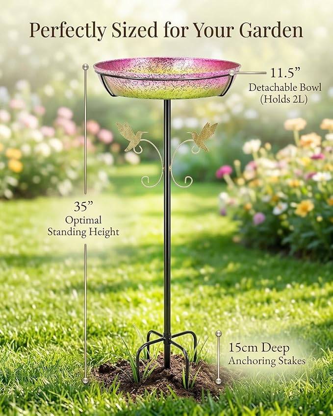 Bird Bath for Outside Standing Metal Birdbaths Birdfeeder 12" Detachable Bowl Iridescent Pink Yellow Bird Baths Feeder with Upgraded 5-Pronged Base for Garden Outdoor Lawn Patio Yard Decor 35" Tall