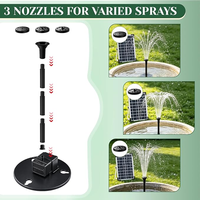 9V 6W Solar Fountain, Solar Water Pump with 3 Nozzles & 9.84ft Cable, Cascading Solar Fountain Solar Bird Bath Fountain for Small Pond, Patio, Garden, Outdoor Water Feature