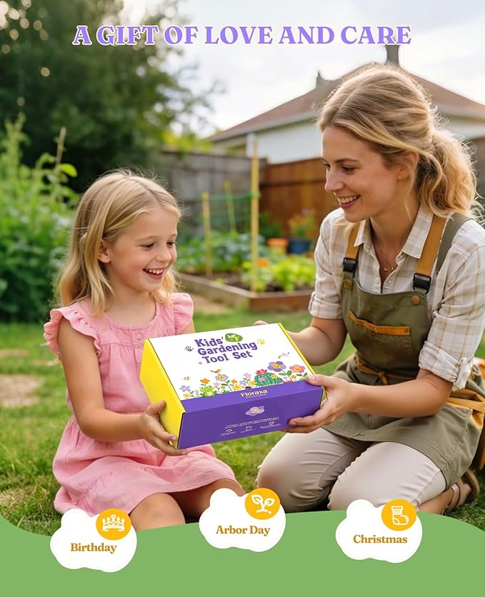 8Pcs Kids Gardening Set with Metal Basket & Real Metal Tools, STEM Outdoor Kit, Ergonomic Wooden Handles, 3 Shovels, Rake, Watering Can, Gloves, Gift for Toddler Boys Girls, Yellow