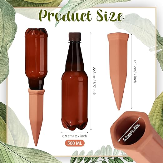 SiliFine 6 Sets Terracotta Self Watering Spikes with 26 oz Plastic Bottles, Plant Watering Devices Slow Release Vacation Insert Automatic Plant Watered Device