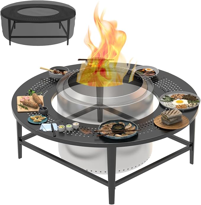 Fire Pit Surround Tabletop for Solo Stove Bonfire, Tiki, 19.5 Inch Outdoor Smokeless Fire Pit Table for Wood Burning Fire Pits, Powder-Coated Steel Stove Table Surround with Cover for Solo Stove