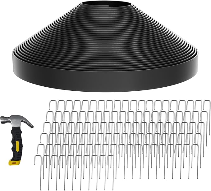 102FT Landscape Edging 2 in Tall with 110 Spikes, Garden Edging Border and 1 Hammer, Plastic Landscape Edging Border Lawn Edging for Landscaping, Flower Beds, Yard