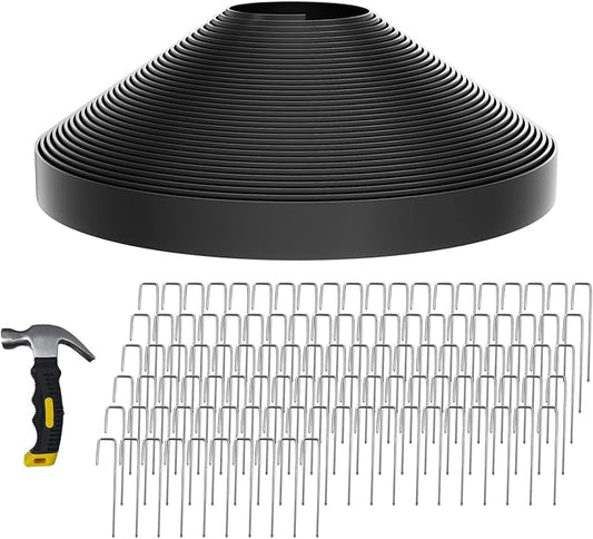 102FT Landscape Edging 2 in Tall with 110 Spikes, Garden Edging Border and 1 Hammer, Plastic Landscape Edging Border Lawn Edging for Landscaping, Flower Beds, Yard