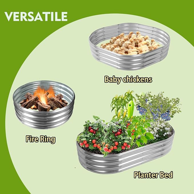 YSEJOMP 5X2.7X1 FT Oval Galvanized Metal Garden Raised Bed/Plant Box for Planting,32 Inches Diameter Iron Fire Pit Ring,Small Animal Fence-3 in 1 Modular Design in Black (Silver, 60X32X11.5 Inches)