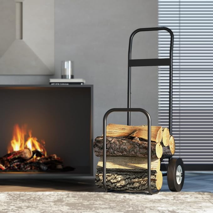 Fire Beauty Firewood Log Cart Carrier, Outdoor and Indoor Wood Rack Storage Mover, Rolling Dolly Hauler