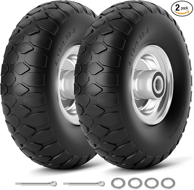 RONPOW 4.10/3.50-4 Flat Free Tire, 10 Inch Solid Tires, 500Lb Heavy Duty Replacement Wheel with 5/8" Bearings, Compatible with gorilla Cart, Garden Carts, Dump Wagon, Dolly & Hand Trucks, 2Pack Silver