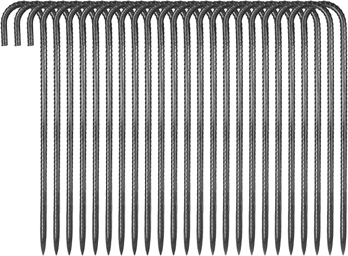 VEVOR Rebar Stakes, 16-Inch, Heavy-Duty 0.4 in Diameter J Hook, Galvanized Steel Ground Anchors with Chisel Point End & Rust-Resistant Coating, for Gardening Support, Fence, Camping Tents (24-Pack)