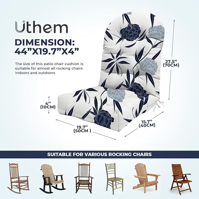 2 Pack Adirondack Chair Cushion Waterproof Indoor Outdoor Rocking Chair Cushion 44 Inches Patio High Back Chair Cushions Thickened Adirondack Rocking Chair Cushions with Ties, Blue Enchantress