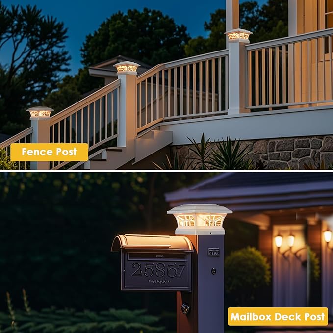 8 Pack Solar Post Cap Lights Outdoor Waterproof, Fits 4x4, 5x5, 6x6 Wooden & Vinyl Fence Decks with Warm & Cool White Light Modes (Classic White, 8)