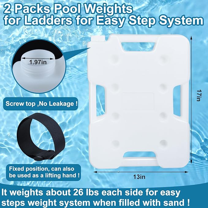 2 Pack Swimming Pool Ladder Weights for Above Ground Pools, Plastic Pool Step Weights Removable Stair Weights Anchor Container Sand Bag with 8 Hook and Loop Straps Hold 52lbs for Easy Step System