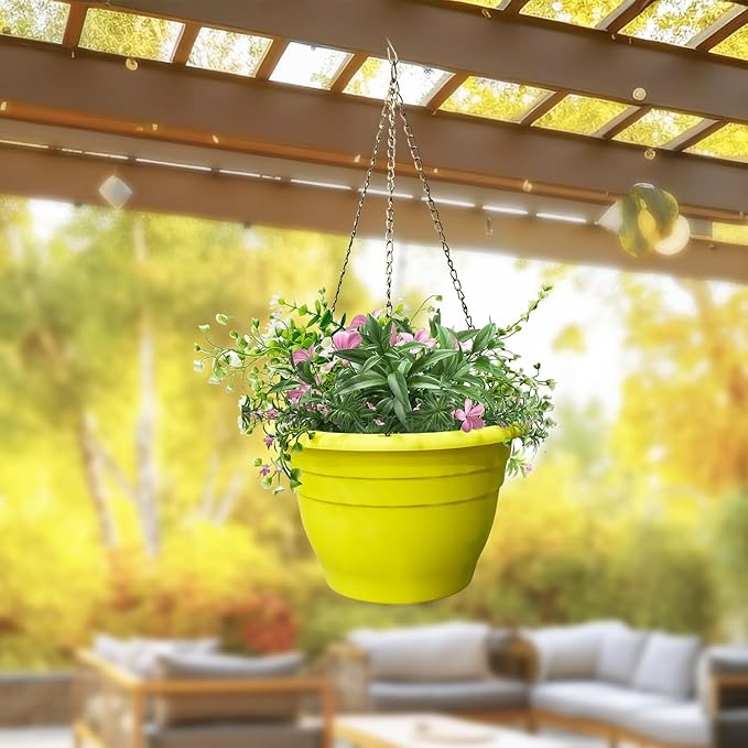 RooTrimmer 10 Inch Plant Pots Set of 5,Lightweight Plastic Planters with Drainage Holes & Plugs,Durable Plant Containers for Indoor Outdoor Houseplants,Flowers,Patio & Garden(Yellow)