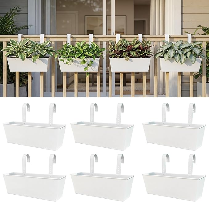 LaLaGreen Rail Planter (16 Inch, 6 Pack) White Rectangular Metal Hanging Flower Railing Fence Balcony Gardening for Apartment Patio Planters Outdoor Deck Decoration Modern Garden Style Porch Decor