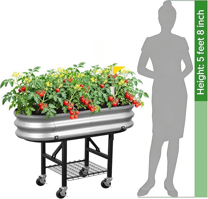 Raised Garden Bed with Legs and Heavy Duty Wheels, Self-Watering Planter Box, Easy-Install Foldable Stand, Galvanized Metal Elevated Wicking Bed with Liner for Indoor Outdoor Gardening