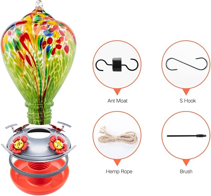 Muse Garden Hummingbird Feeders for Outdoors Hanging, Blown Glass Hummingbird Feeder, Hummingbird Gifts for Mom, Garden Decor for Outside, Unique Gifts Idea for Women, 34 OZ, Green Fireworks | Muse Garden Hummingbird Feeders for Outdoors Hanging, Blown...