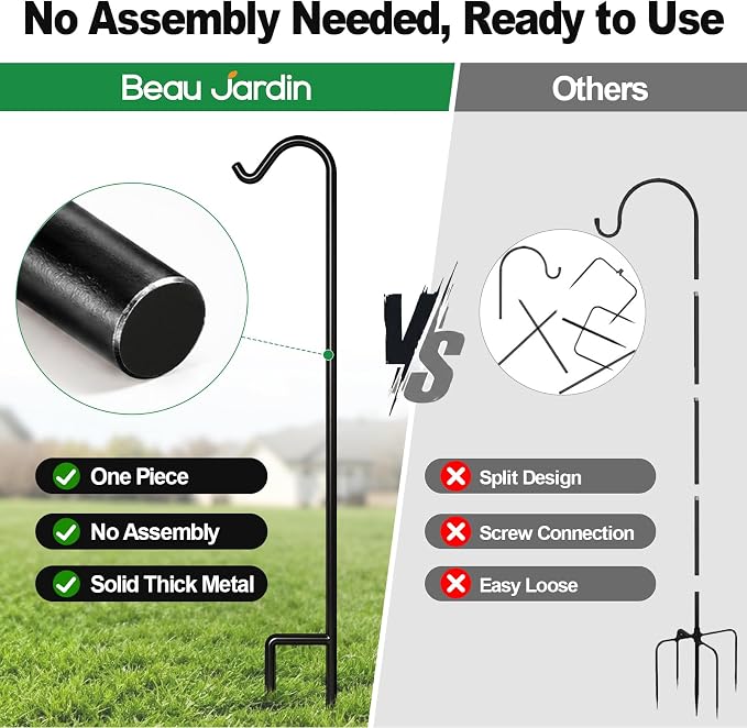 BEAU JARDIN 4 Pack Solid Shepherds Hook 65in Tall One Piece Structure No Assembly Required 1/2in Thick Heavy Duty Shepards Hook for Bird Feeders Pole Garden outdoor Plants Lanterns Wedding Metal BG396