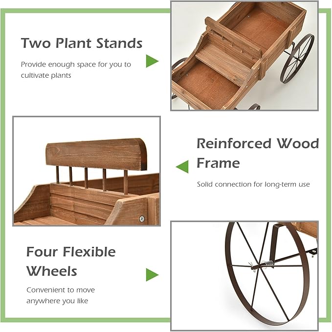 DORTALA Wood Wagon Planter, Outdoor Garden Flower Planter Cart with Wheels, Small Decorative Wood Raised Bed Plant Pot Box Stand for Backyard, Patio, Balcony, Natural