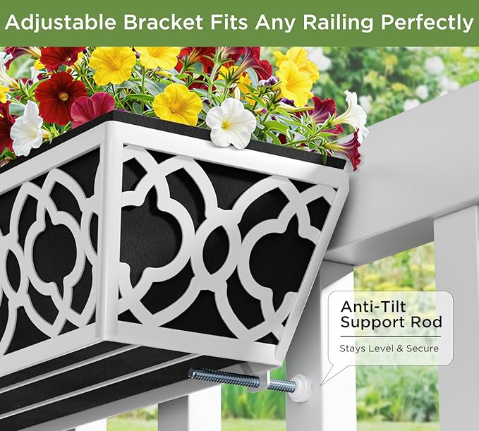 Y&M 30'' Metal Railing Planter Box Set with Black Non-Woven Fabric Liner, Flower Boxes with Adjustable Brackets, 2 Pcs Large Hanging Window Boxes for Fence, Deck, Balcony, and Garden - Gray