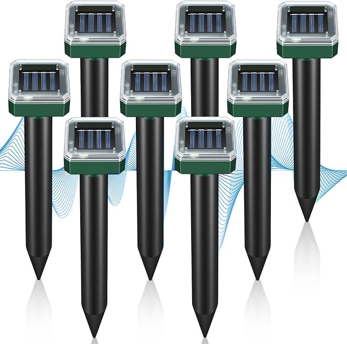 Mole Repellent Solar Powered, 8-Pack Ultrasonic Repeller Outdoor Yard and Garden, Get Rid of Moles Gopher Vole Groundhog Snake Chipmunk, Waterproof Sonic Spikes Mole Deterrent