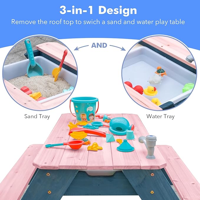 Kids 3-in-1 Sand & Water Table, Wood Outdoor Convertible Picnic Table w/Umbrella, 2 Trays, Removable Top with Faucet, Picnic Table for Outdoor Playset (Pink/Navy)