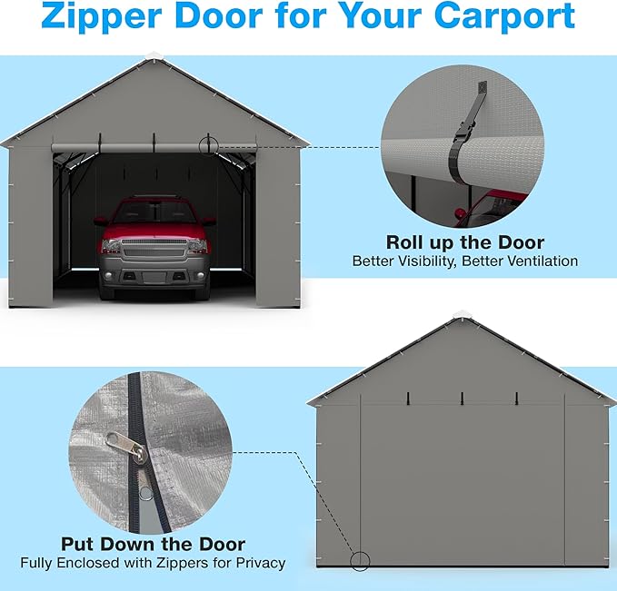 Metal Carport Zipper Door Replacement Fits 20'x16' 20'x20' 20'x25' 20'x26'Heavy Duty 220g PE Tarp, Waterproof UV Resistant Roll-Up Cover with Bungees, Gray (No Frame)