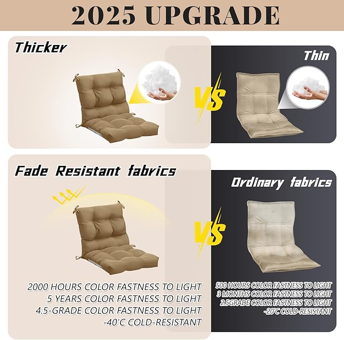 Marsui 6 Pcs Outdoor Indoor High Back Chair Cushions Patio Furniture Tufted Pillow with Ties Water-Resistant Replacement Outdoor Rocking Chair Cushions, 42 x 21 Inches (Dark Brown,Solid Color)