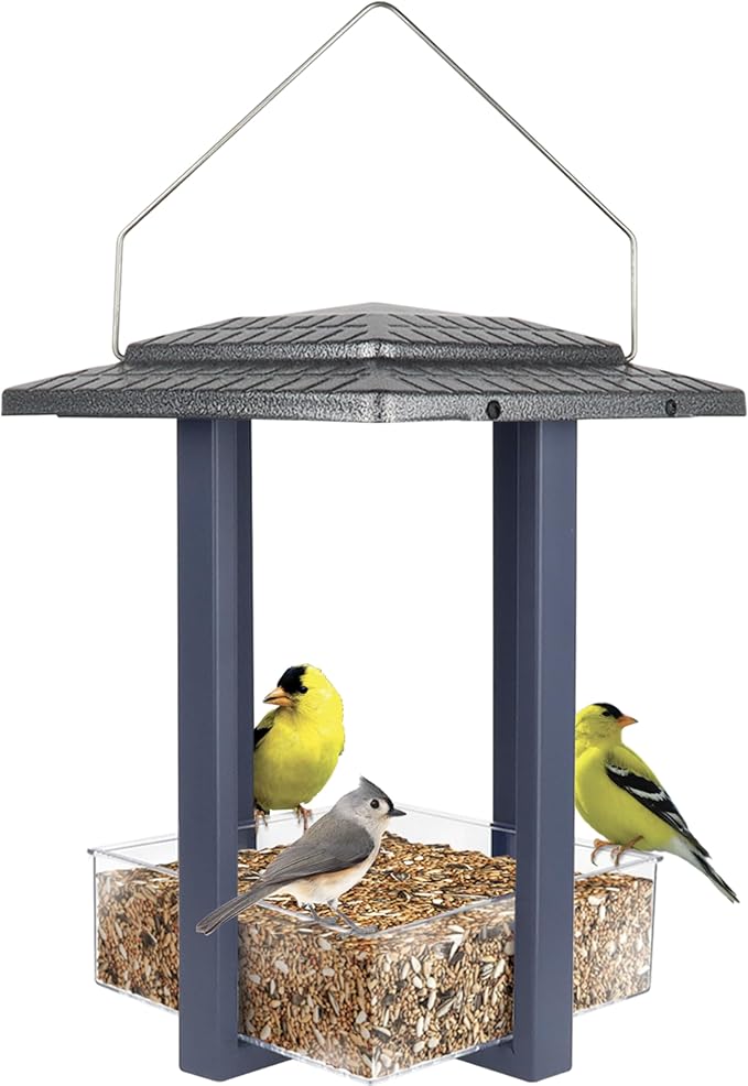 Nature's Way Fly-in Hanging Metal Fly Through Bird Feeder with Roof, 4 Cup, Easy to Clean and Fill, Wild Bird Feeder and Outdoor Décor, Blue