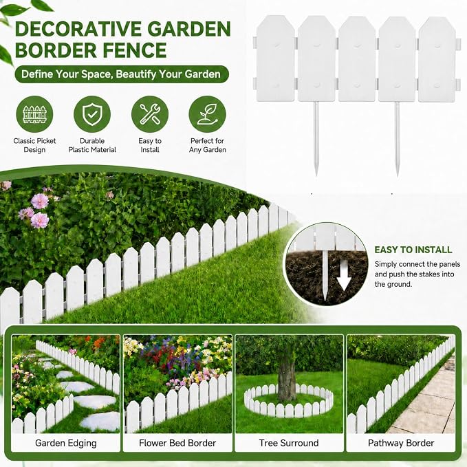 Evelyne Garden Border Edging: Wooden Grain Fence Dog Ear Design - Landscaping Fence Liner Lawn Edge Barrier - Decorative Lawn Landscape Panels Elements -Landscaping Edging (White, 10ft.)