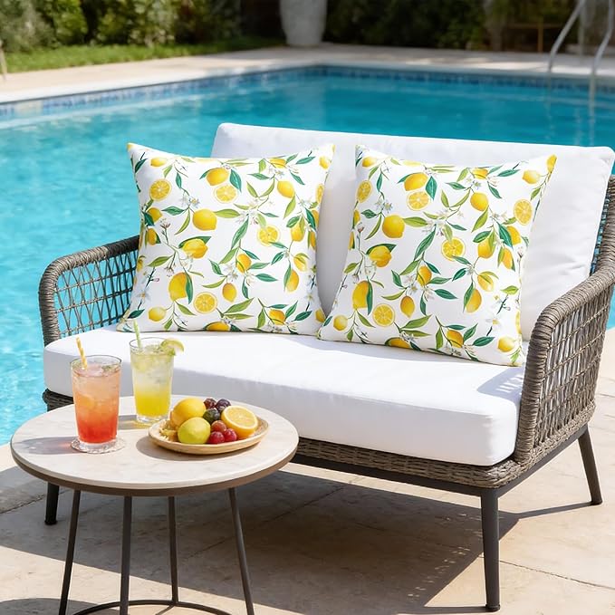 SquarePie Outdoor Pillow Covers 20x20 Inch Set of 2 - Waterproof Lemon Square Cushion Covers for Patio Garden Furniture, Summer Yellow Citrus Decorative Throw Pillow Cases for Couch Sofa Balcony Bench