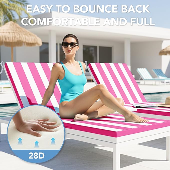 L'AGRATY Outdoor Lounge Chaise Cushion: 72x21x3 Inch Waterproof Lounge Chair Cushion for Outdoor Furniture with Fade Resistant Removable Cover - Patio Cushions for Pool Lawn Deck(Pink White 1Pack)