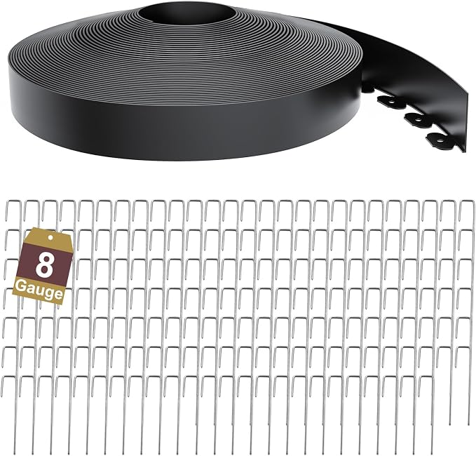 Landscape Edging Border 3 Inch Tall 175Ft with 180Pcs 8 Gauge Metal Spikes, Plastic Garden Edging Border Garden Fence Border Lawn Edging for Landscaping, Flower Bed, Tree Ring, Pathway