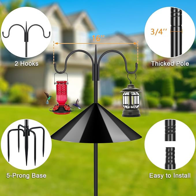 FEED GARDEN Bird Feeder Pole Squirrel Proof 92" Heavy Duty Shepherds Hook for Outdoor, Double Hooks with 19" Squirrel Baffle, 5-Prong Base Adjustable Bird Feeder Stand for Plants & Lanterns