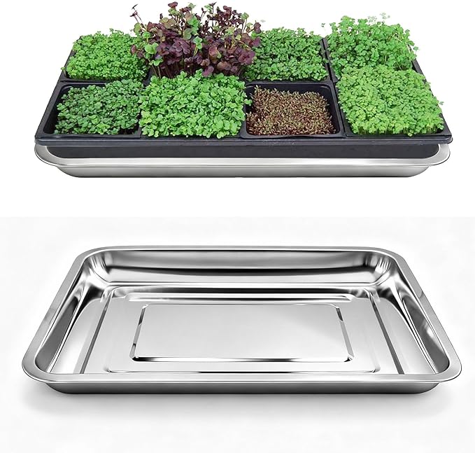 10-Pack 16 Inch Stainless Steel Growing Trays, Heavy-Duty Metal Sprouting Tray for Plants, Stainless Steel Plant Germination Trays for Hydroponics, Transplanting (Silver)