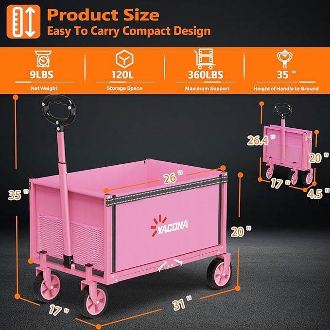 YACONA 3 in 1 Wagons Carts Foldable, 360LBS Lightweight Wagon with All Terrain Wheels, Collapsible Wagon Cart for Grocery, Camping, Beach, Garden & Sports