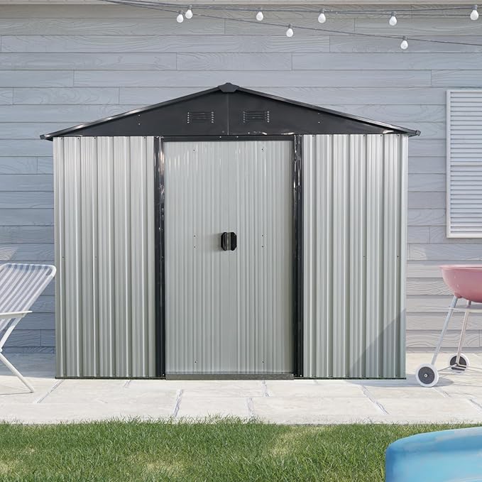 8x4 FT Outdoor Metal Storage Shed, Galvanized Steel Garden Shed with Window, Lockable Sliding Door, Sloped Roof, Ventilated Tool Storage House with Foundation Kit for Backyard Equipment, White+Black