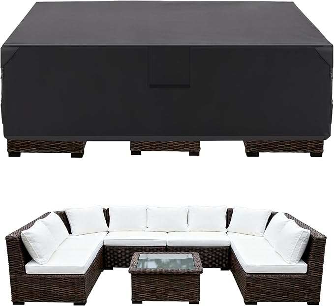 DUMOS Outdoor Furniture Cover, Rectangular Heavy Duty 600D UV Resistant & Waterproof Patio Furniture Covers for Deck Table and Chairs, Backyard Patio Dining Sets, 111"L x 74"W x 28"H, Black
