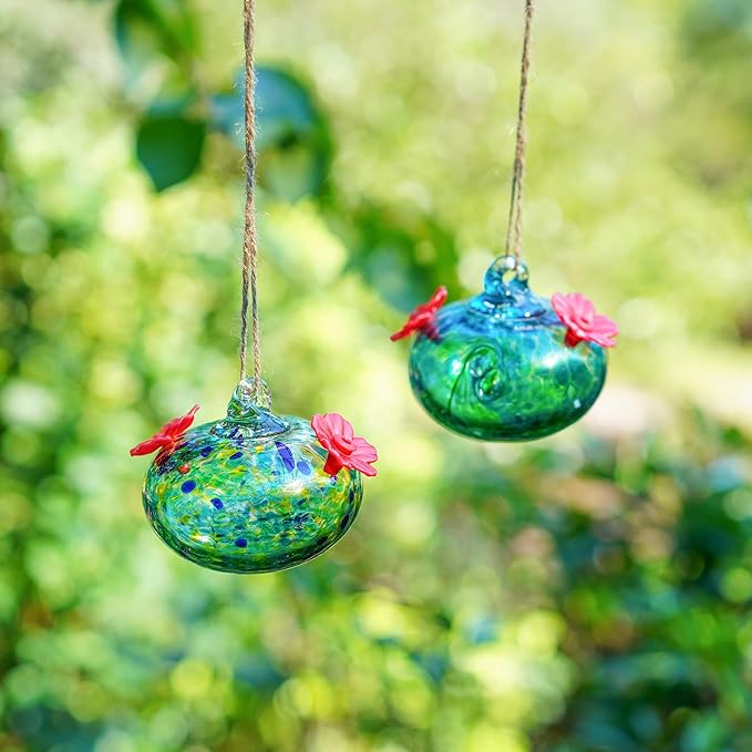 2pcs Small Glass Hummingbird Feeders for Outdoors Humming Bird Feeder with 2 Flower Feeding Ports for Window Garden Patio Decor Blown Glass Hummingbird Feeder for Outside Never Leak