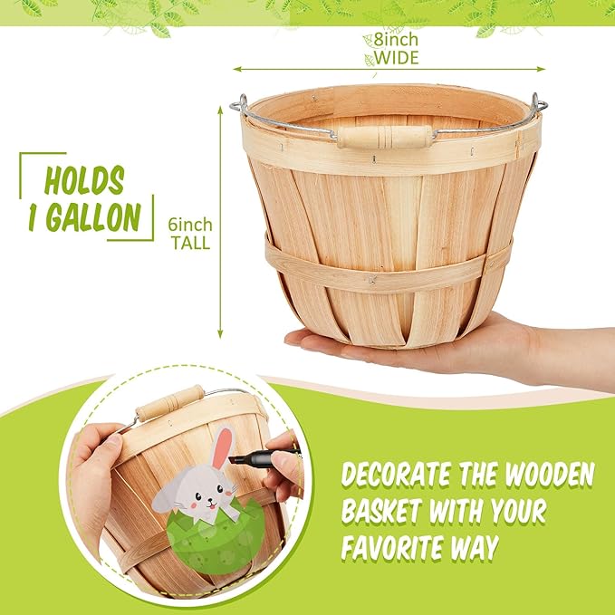 Marsui 10 Pcs Round Wooden Berry Baskets Small Bushel with Handles for Gifts Empty Basket Fruit Buckets for Picking Strawberry Fruits Flowers Crafts Home Wedding (Natural Wood)