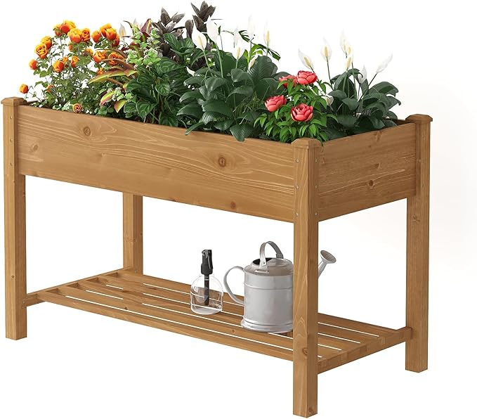 Wooden Raised Garden Bed, Planter Box with Legs, Garden Planter with Divider Bag for Backyard, Patio, Balcony, Planter Stand Box for Herbs and Vegetables (Brown-M)