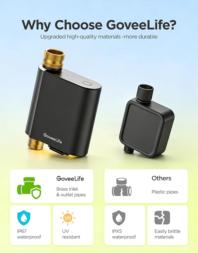 GoveeLife H5901 Bluetooth Smart Sprinkler Timer, Gateway not Included | Remote Control up to 229ft, Brass Inlet & Outlet, 2Yr Battery Life, IP67 Waterproof, for Garden/Lawn/Yard