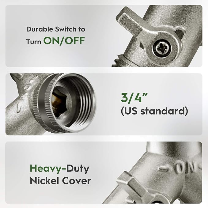 Nickel Plated Solid Brass Garden Hose Splitter, Heavy Duty 2 Way Y Faucet Adapter with Dual Shut Off Valves, Leak Proof 3/4 Inch Hose Bib Spigot for Outdoor Watering, Includes 3 Extra Washers